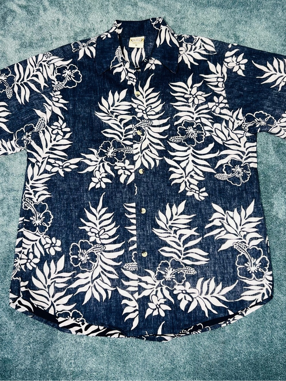Go Barefoot Men’s Medium Navy Hibiscus Hawaiian Aloha Shirt Made in USA